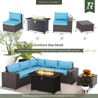 Patio Furniture Set with Propane Fire Pit, 7-Piece Outdoor Sectional Sofa Conversation Set w/ETL Approved 43" Gas Fire Table & Coffee Table - Turquoise