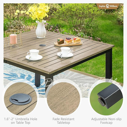 Sophia & William 42" Metal Patio Table, Steel Slatted Square Outdoor Dining Table with 1.57"-1.9" Adjustable Umbrella Hole, Outdoor Furniture Bistro Yard Garden Table with E-Coating, Brown