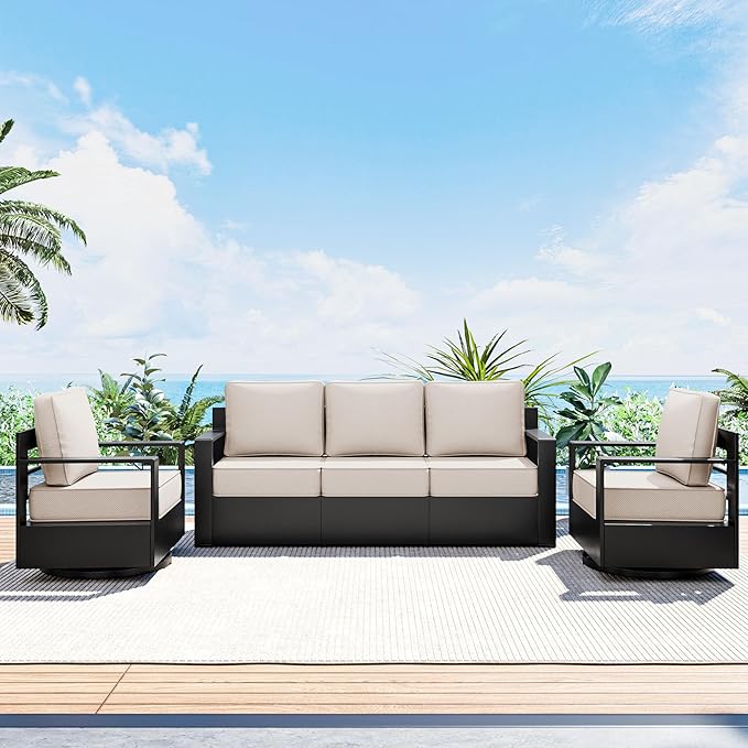 Outdoor Patio Furniture Set, 3-Piece Aluminum Patio Conversation Set All-Weather Metal Outdoor Sectional with 6 Inch Thick Cushions, Deep Setting for Garden, Outside and Porch