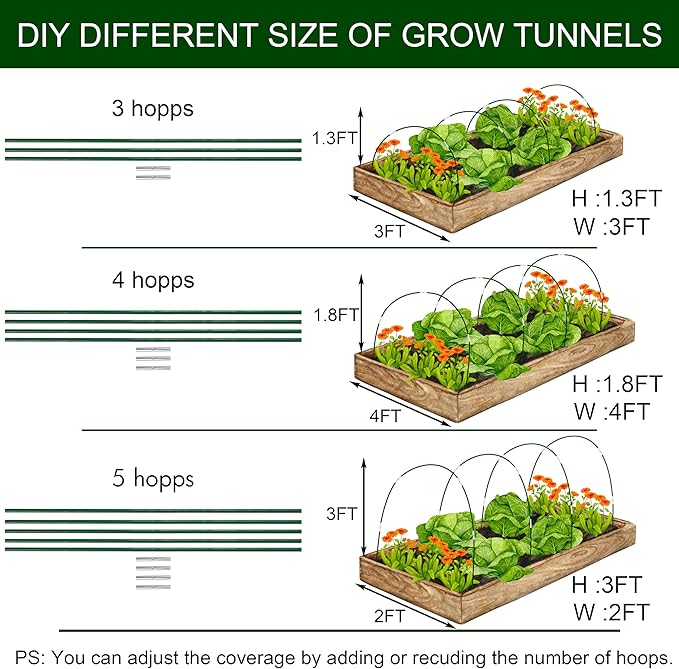 PHYEX Garden Hoops Greenhouse Hoops for Row Covers & Raised Beds, Rust-Free Fiberglass Frame, DIY Adjustable Garden Tunnel with Clips for Plant Covers, Netting, & Frost Protection, 60pcs