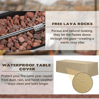 2-Piece 54" Outdoor Propane Fire Pit Table Set W 16" Tank Cover Side Table, 50,000 BTU Rectangle Concrete Fire Pit Coffee Table, Lava Rocks, Rain Cover for Patio, Backyard, Garden, Porch, Deck