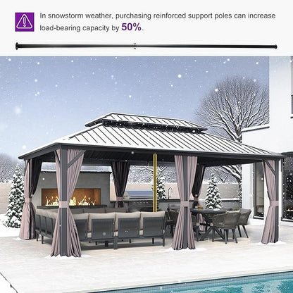 PURPLE LEAF 12'x18' Hardtop Gazebo with Lights Patio Outdoor Pavilion with Galvanized Steel Double Roof Includes Netting and Curtains for Garden Lawn Backyard Grey