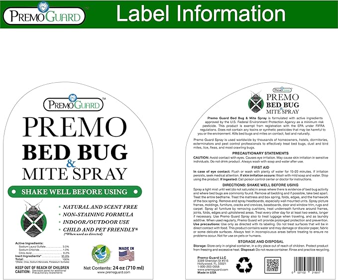 Premo Guard Bed Bug Killer Spray 24 oz - University Tested 100% Kill Rate - Natural Non Toxic, Stain & Scent Free - Kill Bedbugs & Mites On Bed & Blankets, Furniture, Clothing - Child & Pet Safe