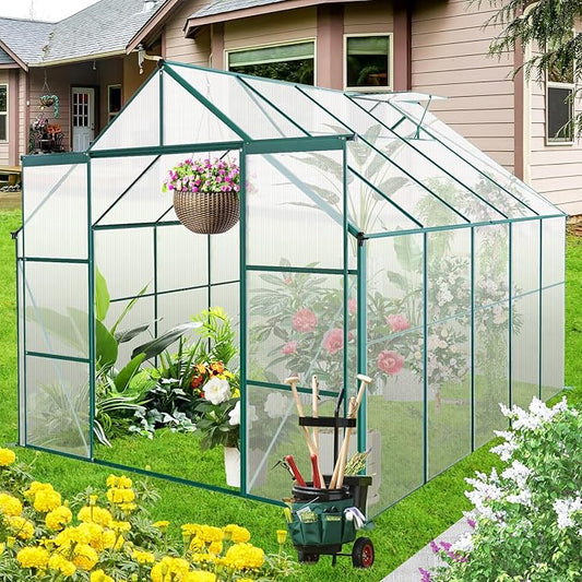 Favfurish 8×10 FT Greenhouses for Outdoors,Polycarbonate Greenhouse, Aluminum Heavy Duty Walk-in Garden Plants Green Houses, Raised Base and Double Sliding Door for Outside Backyard, Green