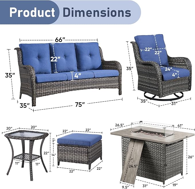 Wicker Outdoor Conversation Se with 50,000 BTU Gas Propane Fire Pit Tablet-7 Pieces Outdoor Wicker High Back Couch Patio Furniture for Deck Poolside Backyard