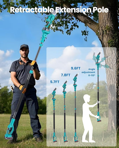 Cordless Pole Saw&8 inch Mini Chainsaw,2-IN-1 Electric Tree Trimmer with 2PCS 2000mAh Rechargeable Batteries,Battery Pole Saws w/Extension Pole for Tree Trimming Wood Cutting,Ideal Gifts for Men Dad