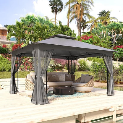COOS BAY 10x12 Outdoor Patio Gazebo with Netting, Two-Tier Soft Top Canopy for Backyard, Lawn, Deck and Garden, Gray