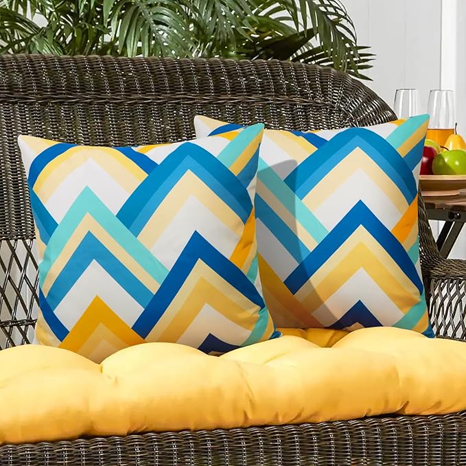 Pyonic Pack of 2 Decorative Outdoor Waterproof Pillow Covers 18x18 Square Garden Outside Polyester Throw Pillow Covers for Patio Tent Couch Funiture, Colorful Blue Yellow