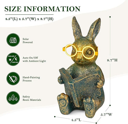 Solar Garden Decor, Adorable Rabbit Statue with Solar-Powered Glasses, Outdoor Bunny Figurine Lights for Patio, Yard & Balcony, for Kids, Mom & Grandma
