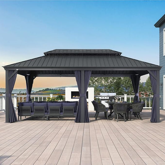 PURPLE LEAF 12' X 20' Hardtop Gazebo Aluminum Gazebo with Galvanized Steel Double Roof for Backyard Patio Lawn and Garden, Curtains and Netting Included, Navy Blue