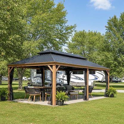 PURPLE LEAF 12' X 24' Outdoor Hardtop Gazebo for Patio Galvanized Steel Double Roof Permanent Canopy Teak Finish Coated Aluminum Frame Pavilion Gazebo with Netting