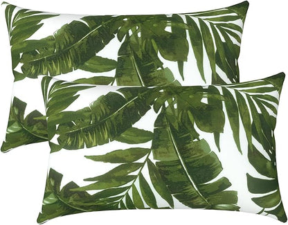LVTXIII Set of 2 Patio Lumbar Pillows, 12”x20” Fade Resistant Outdoor Lumbar Pillow with Inners, Fluffy Decorative Garden Lumbar Cushions for Home Patio Coach Sofa Use, Palm Green