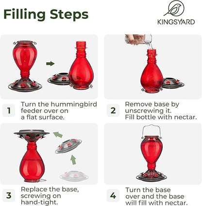 Kingsyard Glass Hummingbird Feeder - 6 Bee Guard Feeding Ports & Ant Moat, 24 oz Leak Proof, Wild Bird Feeder for Outdoors Hanging, Easy to Clean & Refill, Garden Yard Décor, Red