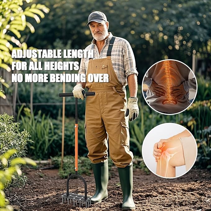Lawn Aerator Spike Tool - Manual Grass Aerator with 15 Iron Spikes, Pre-Assembled Yard Aerator for Core Aeration, Dethatching, Heavy Duty T-Handle & Wide Foot Plate for Lawn Yard & Garden (Orange)