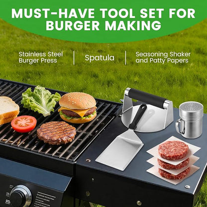 Smashed Burger Press Kit with Stainless Steel Press, Grill Spatula, Seasoning Shaker & Hamburger Patty Papers - Perfect for Blackstone Griddle, BBQs, and Gift Giving