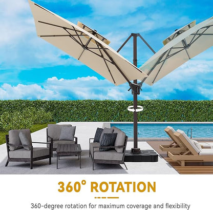 10x13 FT Cantilever Patio Umbrella Double Top Outdoor Rectangular Large Heavy Duty Aluminum Offset Umbrellas with 7 Level Tilt 360-degree Rotation for Pool Garden Deck, Beige