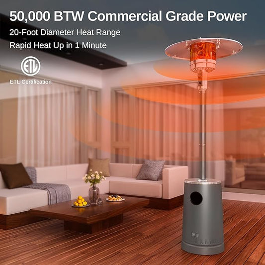EAST OAK 50,000 BTU Patio Heater with Sand Box, Table Design, Double-Layer Stainless Steel Burner, Wheels, Triple Protection System, Outdoor Heater for Home and Residential, Lava Smoke