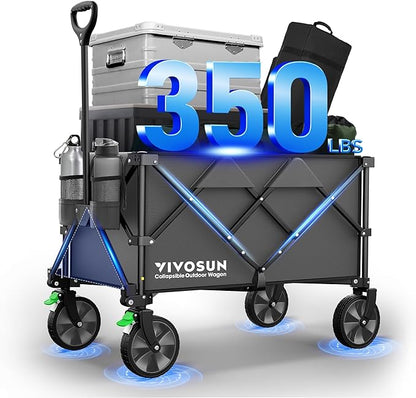VIVOSUN Collapsible Folding Wagon, 350 lb Load-Bearing Outdoor Utility Cart with Silent Universal Wheels, Cup Holders &Side Pockets, Adjustable Handle, for Camping, Garden, Sports, Picnic, Shopping