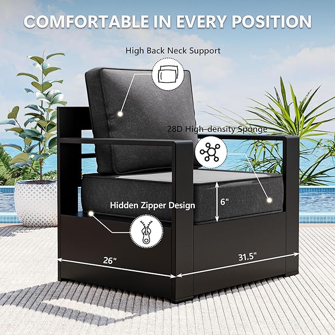 Outdoor Patio Furniture Aluminum Patio Chairs, All-Weather Metal Outdoor Chair with 6 Inch Thick Cushions, Deep Setting for Garden, Outside and Porch
