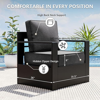 Outdoor Patio Furniture Aluminum Patio Chairs, All-Weather Metal Outdoor Chair with 6 Inch Thick Cushions, Deep Setting for Garden, Outside and Porch