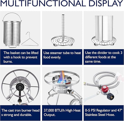 ARC 32QT Stainless Steel Turkey Fryer Pot and Burner Kit,Propane Burners for Outdoor Cooking, Tamale Steamer Pot with basket, and steamer rack. Great for Seafood boil, Crawfish Boil, Home Brewing