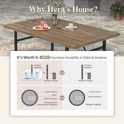 HERA'S HOUSE Patio Table and Chairs Set 7-Piece, Outdoor Dining Furniture Set with Cushions, All-Weather 64" Wood Grain Table with 1.6"-2" Umbrella Hole & Wicker Chairs for Backyard, Garden, Deck