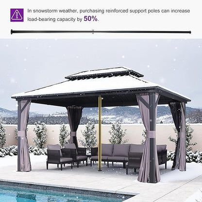 PURPLE LEAF 10'x14' Hardtop Gazebo with Lights Wind-Resistant Galvanized Steel Dual-Layer Double Roof Outdoor Patio Pavilion Including Netting and Privacy Curtains for Lawn Garden Backyard Grey