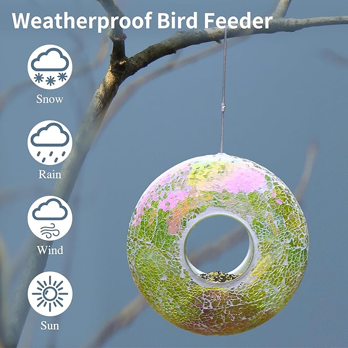DUSVALLY 9" H Round Fly Through Bird Feeder for Wild Bird Seeds, Crackled Glass Mosaic Outdoor Hanging Feeder for Decorative in Outdoor Garden & Yard, Attracting Wild Birds, Green