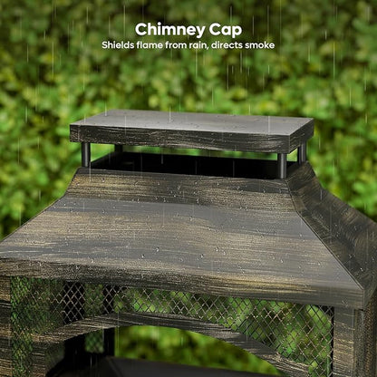 Bestier 37" Fire Pits, Wood Burning Fireplace for Outside Rectangular Chiminea Outdoor Firepits with Poker, Wood Storage, Rain Cover and Removable Fire Grill for Patio, Garden, Backyard, Camping