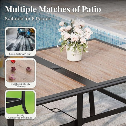 7 Pieces Patio Table and Chairs Set, Outdoor Dining Furniture Set for 6, 6 Brown Textilene Chairs and 61" Wood-Like Table Top with Umbrella Hole, for Deck Backyard Lawn