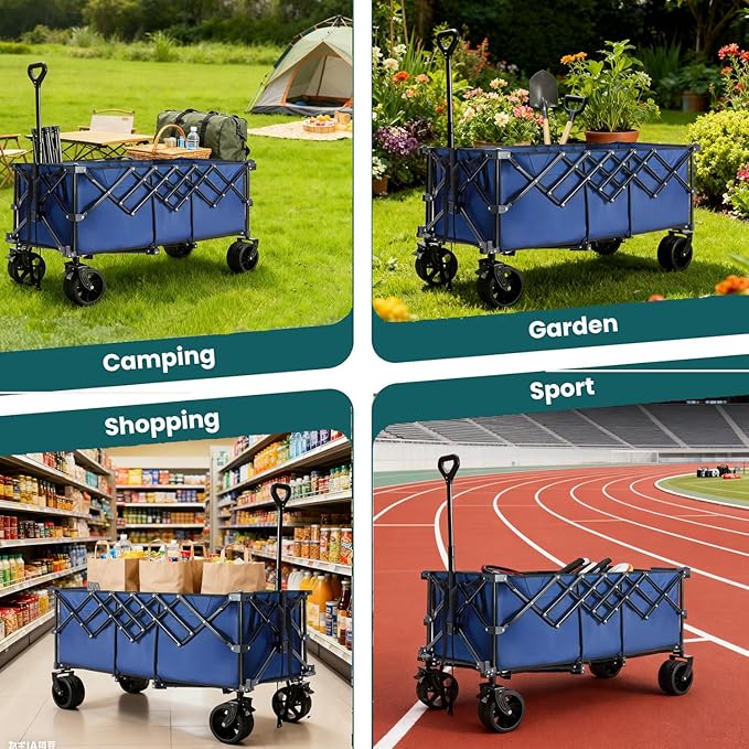 OLIXIS Collapsible Wagon Cart - 440lbs Foldable Extra Long Heavy Duty Utility Wagon with Wheels, Portable Storage Grocery Cart for Camping, Shopping, Sports, Beach, Garden (Blue, 48" L)