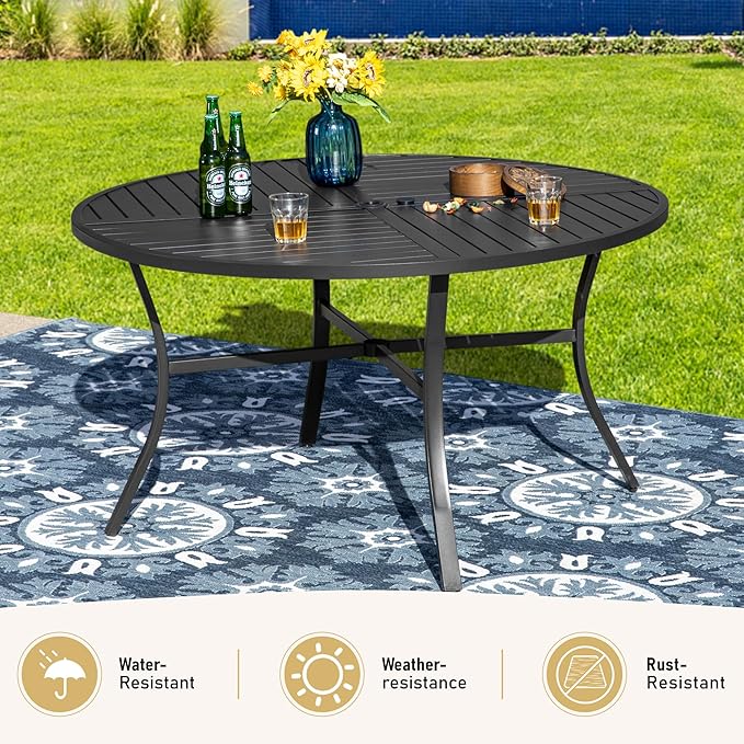7 Piece Outdoor Dining Set for 6, 54" Round Metal Table with Umbrella Hole, 6 Brown Dining Chairs, Patio Table and Chairs Set for Backyard Lawn