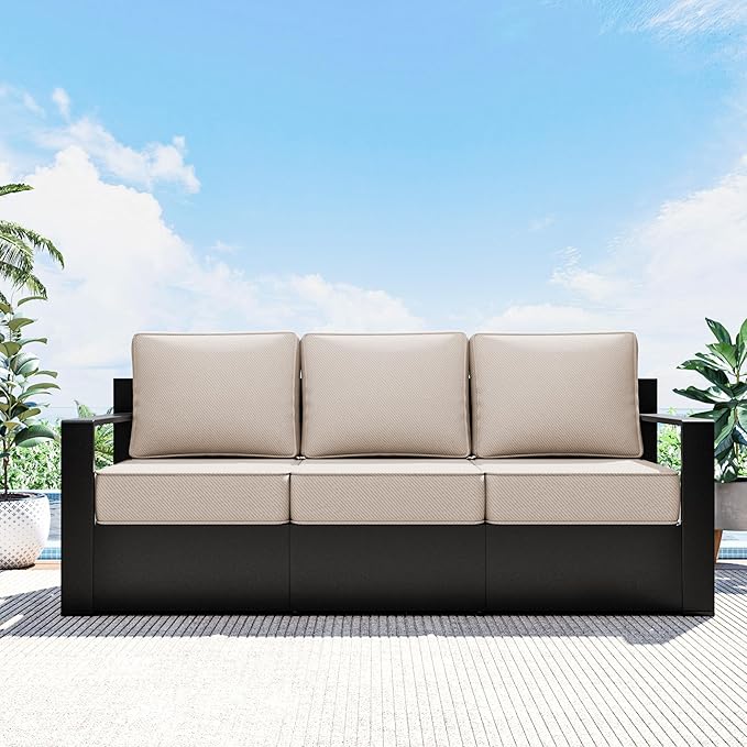 Outdoor Patio Furniture Aluminum Patio Sofa, All-Weather Metal Outdoor Couch with 6 Inch Thick Cushions for Garden, Outside and Porch (Beige, 1 PCS/Sofa)