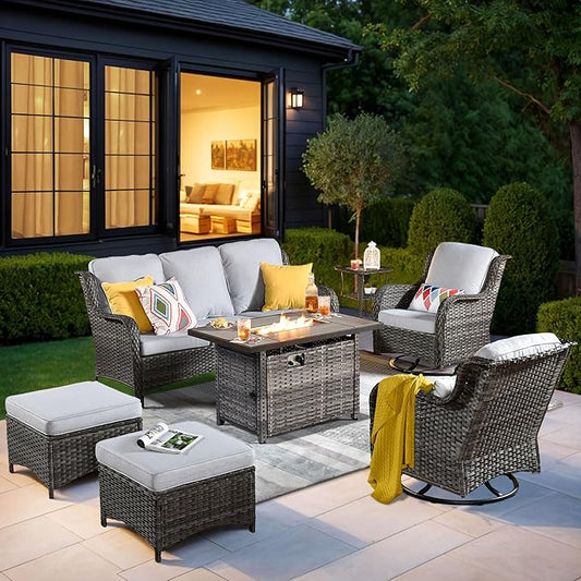 HOOOWOOO Patio Furniture Set,7 Piece Outdoor Furniture Set with Fire Pit Table,Wicker Patio Conversation Couch Swivel Chairs Ottoman Set,Light Gray