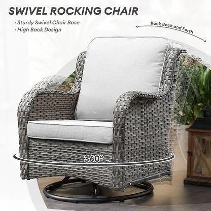 HOOOWOOO Patio Outdoor Furniture with Large Fire Pit Table,High Back 6 Piece Wicker Patio Conversation Set with Swivel Chairs,7 Person Couch Sofa Seating,Light Gray
