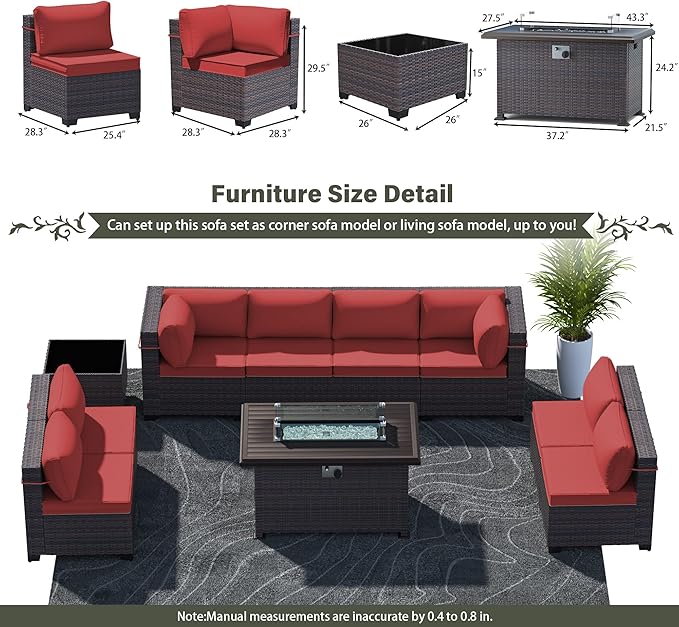 Outdoor Patio Furniture Sets with Propane Fire Pit Table, 10 Pieces Outdoor Furniture Patio Sectional Sofa Conversation Sets w/ETL Approved 43" Gas Outdoor Fire Table & Coffee Table (Red)