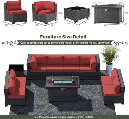 Outdoor Patio Furniture Sets with Propane Fire Pit Table, 10 Pieces Outdoor Furniture Patio Sectional Sofa Conversation Sets w/ETL Approved 43" Gas Outdoor Fire Table & Coffee Table (Red)