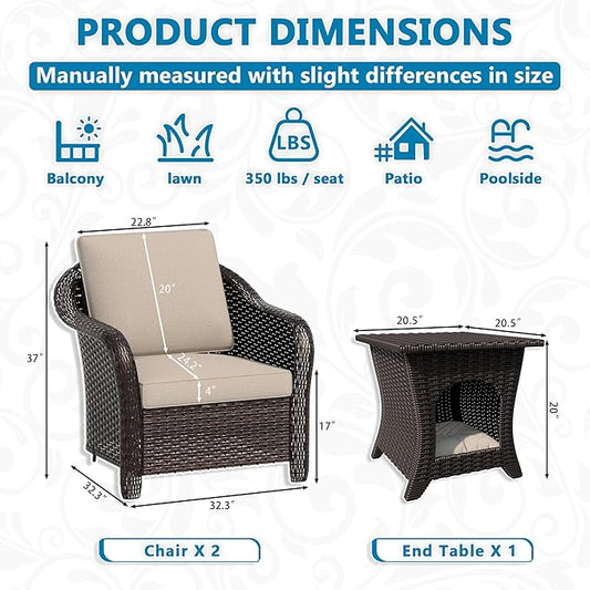 Vista Vibe Outdoor Rattan Chairs Set of 2 with Coffee Table, All-Weather Patio Conversation Furniture Set with Washable Cushions &Hand-Woven PE Rattan, Garden, Bistro, Deck, Yard (Beige)