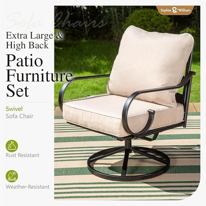 Sophia & William 5 Piece Patio Furniture Set, Outdoor Conversation Sets 7 Seat with 3-seat Sofa x 1, Loveseat x 1, Swivel Chair x 2, Metal Coffee Table x 1 for Porch Lawn, Beige