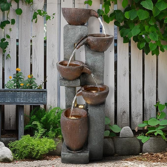 Naturefalls 39” H Modern Outdoor Fountain - 5 Crocks Outdoor Garden Fountains with Contemporary Design&LED Light for Garden, Patio, Deck, Porch, Backyard and Home Art Decor