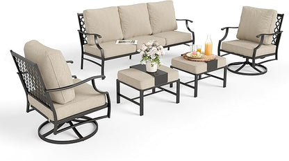 Patio Furniture Set 5 pcs, Outdoor Patio Furniture, 3-Seat Sofa, 2 Swivel Chairs, 2 Ottomans and 5.75" Extra Thick Cushion, Patio Conversation Set for Garden Backyard Deck,Beige