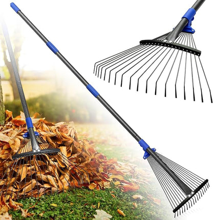 Rake for Leaves: Adjustable Metal Leaf Rake for Lawn, 8-17" Expandable Head, 45” Long Handle,Collapsible Heavy Duty Women Kids Garden Rakes for Yard Pine Needles Mulch Grass Debris Gardening Camping
