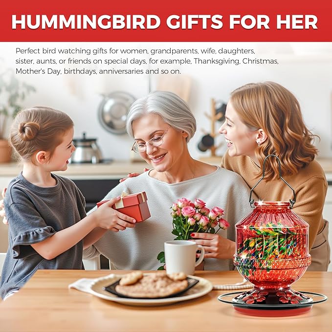 Blown Glass Hummingbird Feeders for Outdoors, 25 Ounces Wild Bird Nectar Feeder with Perch & 5 Flower Feeding Ports Leak Proof Hanging for Garden Backyard Decor, Gifts for Women Mom, Red