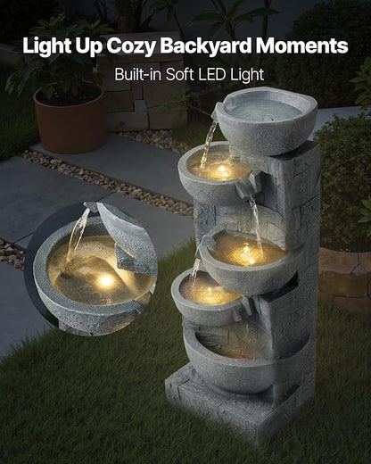 VEVOR Outdoor Water Fountain, 31.5 in Height Fountain and Waterfall, 5-Tier Floor Standing Bowl-Shaped Cascading Fountains with LED Light and Pump, for Outdoor Indoor Garden, Home, Patio & Backyard