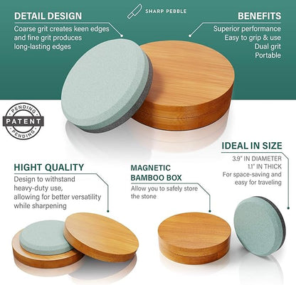 Sharp Pebble Puck/Disk - Axe/Hatchet Large Sharpening Stone- Whetstone Blade & Tool Sharpener- Dual Grit Multipurpose Waterstone Sharpener with Bamboo Box