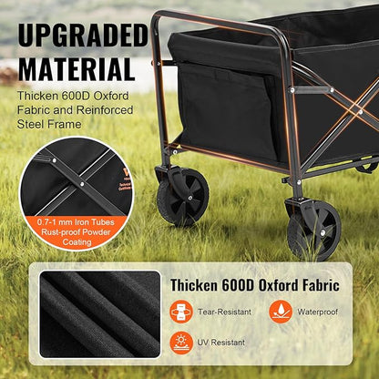 VEVOR Collapsible Folding Wagon Cart, 220lbs Heavy Duty Wagons Carts Foldable with Wheels, Outdoor Portable Garden Cart Utility Wagon for Groceries Camping Sports with Large Capacity & Drink Holder