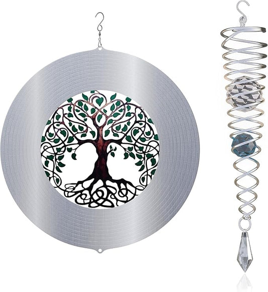 ISEO Tree of Life Wind Spinner for Yard and Garden with Gazing Ball Set, Hanging Outdoor Decor, Yard Art, Porch and Patio Decorations, Metal Wind Spinners Outdoor, Weather Resistant, 6.5”