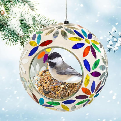 Sunnydaze 6-Inch Glass Mosaic Hanging Bird Feeder for Outdoors - Fly-Through Wild Bird Feeder - Rainbow Daisies