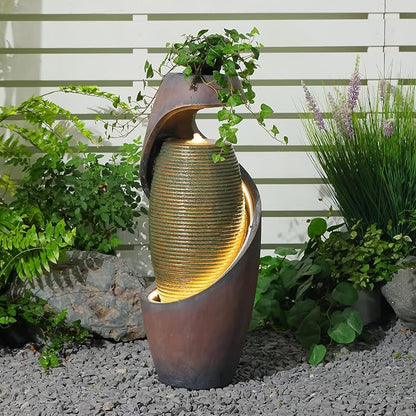 29.5’’H Modern Outdoor Fountain - Curved Spiral Waterfall Indoor/Outdoor with LED Light & Planter Bowl, Resin Garden Fountains for Patio, Yard, Backyard, Porch, Home Art Decor, 11.8" L x 11.8" W
