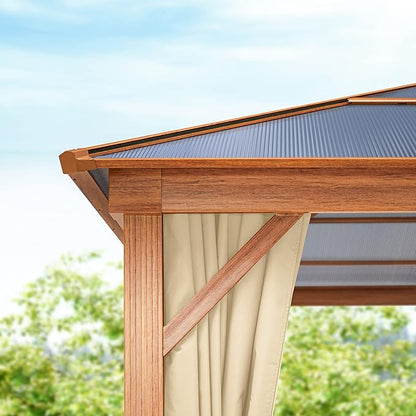 TOOLPORT Hardtop Gazebo 10x13 ft with Polycarbonate Roof - Wood-Like Finish - 4 Side Panels in Champagne